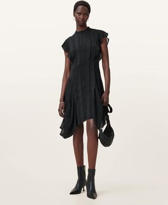 AllSaints Womens Polyester Fleur Textured Asymmetric Hem Dress, Size: UK 16/US 12