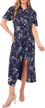 CeCe by Cynthia Steffe Floral Print Puff Sleeve Tie Waist Midi Dress in Classic Navy at Nordstrom, Size X-Small
