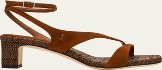 Jimmy Choo London 45mm Faye Suede and Raffia Asymmetric Ankle-Strap Sandals