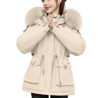 Generic Winter Jackets for Women UK Womens Winter Coat Parka with Warm Faux Fur Collar and Waist - Cinching Drawstrings Ladies Jackets Puffer Solid Plain Casu
