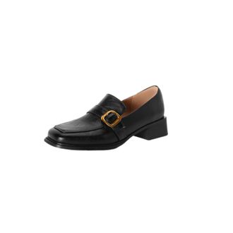 Generic Womens PU Leather Buckle Loafers Slip-On Low Block Heel Square Toe Non-Slip Sole Classic Comfortable Durable Stylish Shoes,Black,3.5 UK