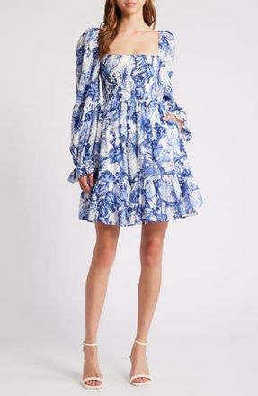 & Other Stories Smocked Bodice Long Sleeve Cotton Minidress in White Light Aop at Nordstrom Rack, Size 10