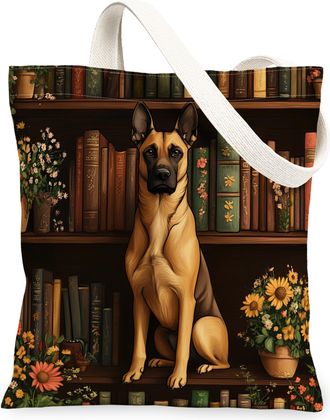 Generic Spring Belgian Malinois Dog Canvas Tote Bag for Shopping 13x15, Flower Bookshelf Puppy Reusable Grocery Print Bag for Women, Fun Pet Beach Aesthetic P