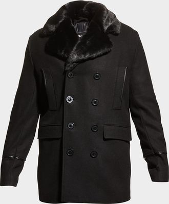 Karl Lagerfeld Men & apos;s Wool Peacoat w/ Faux Fur Collar