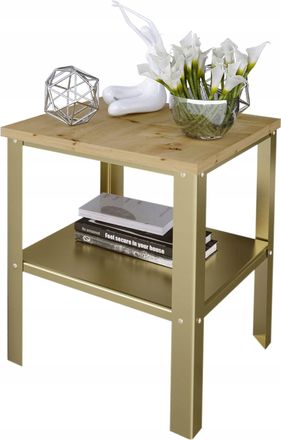 OEM Mesa Auxiliar Atornillable De Estilo Industrial Tipo Loft Con Estante, 40x40x45 Cm, Color Oro Y Roble Artesanal