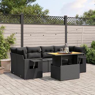vidaXL Set De Comedor De Jard&iacute;n 7 Pzas Y Cojines Rat&aacute;n Sint&eacute;tico Negro Vidaxl