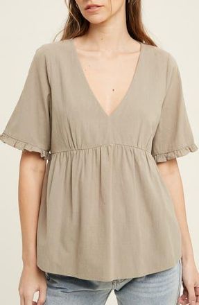 Wishlist V-Neck Elbow-Length Sleeve Babydoll Top in Olive at Nordstrom Rack, Size Medium