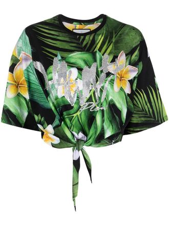 Philipp Plein floral-print cropped T-shirt - women - Cotton - M - Green