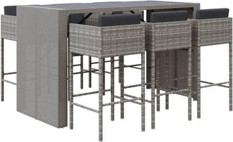 vidaXL Vidaxl - Mesa Y Taburetes Altos Jard&iacute;n Y Cojines 7 Pzas Rat&aacute;n Pe Gris