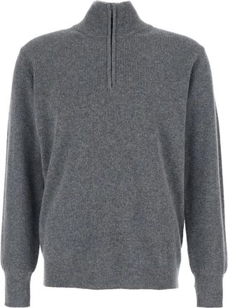 Roberto Collina Geribbelde Gebreide Sweater met Halve Rits - Heren - Coltruien - Grijs - L - Wol - Truien & Vesten