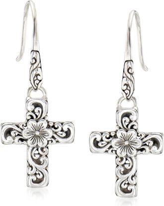 Ross-Simons Sterling Silver Bali-Style Floral Cross Drop Earrings
