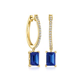 RS Pure by Ross-Simons Lab-Grown Sapphire and. Lab-Grown Diamond Hoop Drop Earrings in 18kt Gold Over Sterling