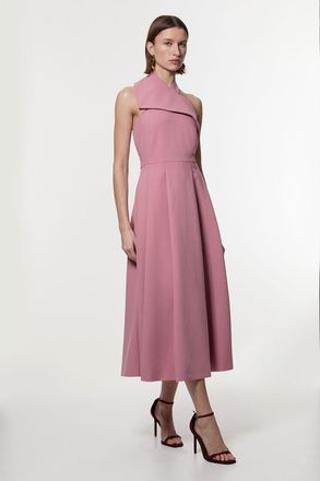 Karen Millen Womens Compact Stretch Halter Neck Belted Full Skirted Midaxi Dress - Dusty Pink - Size 12 UK