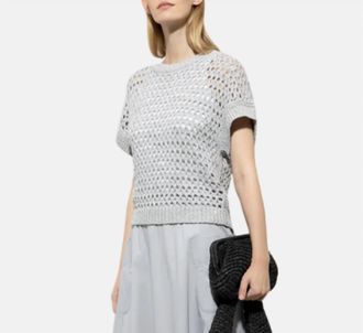 Luisa Cerano Open Knit Short Sleeve Top In Silver Grey