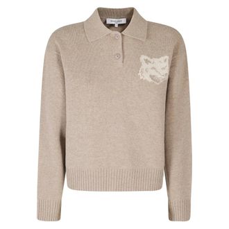 Maison Kitsun&eacute; Fox Head Intarsia Merino Polo Trui - Dames - Truien - Bruin - Maat: XS Wol