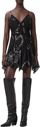 AllSaints Zia Lace Inset Handkerchief Hem Minidress in Flight Black at Nordstrom, Size 10 Us