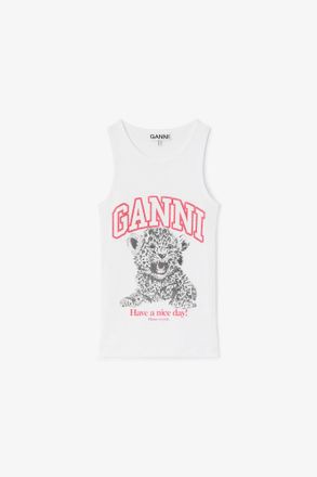Ganni White Tank Top with Teddy Family - Size XXS Organic Cotton