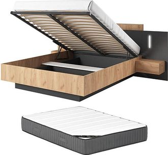 Vente-Unique Canap&eacute; abatible con mesitas de noche 140 x 190 cm - 2 cajones - Con LEDs - Color: Natural y antracita + Colch&oacute;n - FRANCOLI