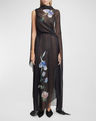 Givenchy Iris-Print Draped Backless Sheer Maxi Dress