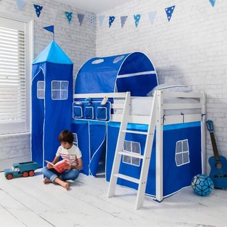 N&ouml;a & Nani Moro Cabin Bed with Ladder and Blue Tent, Tower & Tunnel in White | Size: Single