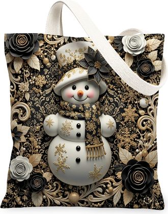 Generic Snow Man Floral Canvas Tote Bags, Winter Design Reusable Shopping Bags, Elegant Washable Shoulder Strap Canvas for Travel B, Black, 13x15 Inch