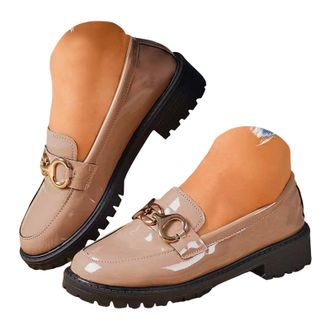 Generic Womens Chunky Platform Loafers with Buckle Leather Business Casual Work Shoes Dressy Comfortable Slip On Loafer for Women British Round Toe Low Heel S