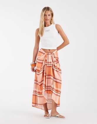 Asos Gonna midi avvolgente arancione a quadri-Multicolore