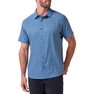 Travis Mathew Techwoven Sunlight Floral Short Sleeve Performance Button-Up Shirt in Bering Sea at Nordstrom, Size Xx-Large