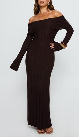 Princess Polly Ellouisa Long Sleeve Rib Knit Maxi Dress in Chocolate at Nordstrom, Size Medium