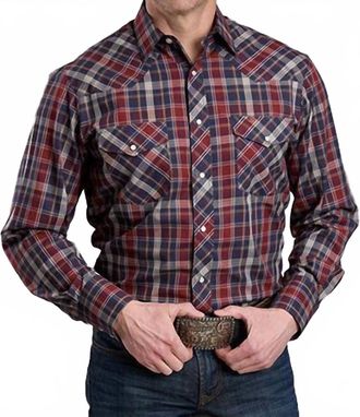 Roper Mens Button Down Plaid Long Sleeve Shirt In Navy/wine/tan