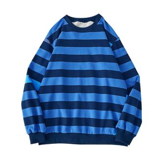 Generic Sweatshirts for Men Oversized Striped Trendy Sweatshirt Sports Jumpers Crewneck Long Sleeve Y2K Baggy Loose Casual Pullover Tops Blue