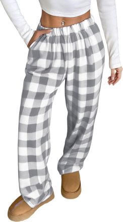 Generic Womens Plush Fleece Lounge Pants, High-Waisted Drawstring Pyjama Bottoms with Pockets | Soft Flannel Check & Solid Fleece Trousers for Ladies Homewear