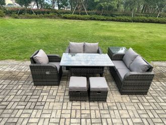 Fimous Lounge Rattan Sofa Set Outdoor Garden Furniture Oblong Rectangular Dining Table With Chairs Side Table Footstools Dark Grey Mixed