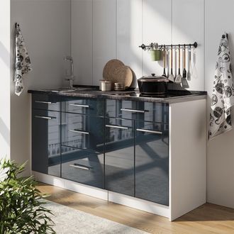 Vicco Bloque De Cocina Fame-line, Azul Oscuro Alto Brillo/blanco, 150 Cm, Et Antracita, Vicco