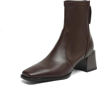 Generic Womens Comfortable Non-Slip Wear-Resistant Retro Square Toe Faux Leather Ankle Boots Medium Block Heels Back Zipper For Daily Casual Office,Brown,4.5 