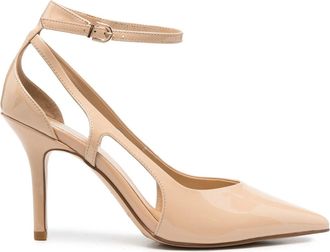 Sergio Moretti Beige High Stiletto Ankle Strap Patent Leather Pumps