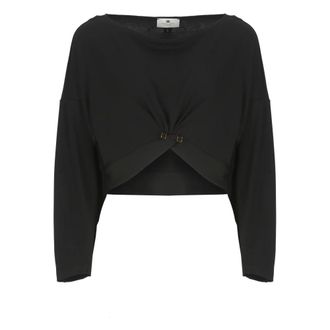 Elisabetta Franchi Long Sleeve Tops, female, Black, Size: S Viscose Sweater with Asymmetric Hem