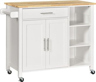 HOMCOM Homcom Isla De Cocina Con Ruedas Mueble Auxiliar De Cocina Con 1 Caj&oacute;n 2 Puertas 3 Estantes Abiertos Y Barra Lateral Para Comedor 107,5x48x89cm Blanco