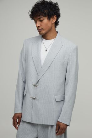 Boohooman Womens Pinstripe Clasp Detail Relaxed Fit Suit Jacket - Grey - Size 36 UK