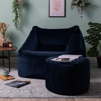 Icon Brand Natalia Velvet Adults Bean Bag Armchair & Pouffe, Large Beanbag & Footstool Dusk Pink in Dark Blue
