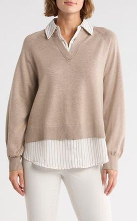 Adrianna Papell V-Neck Twofer Sweater in Heather Oatmeal/staple Stripe at Nordstrom Rack, Size X-Large