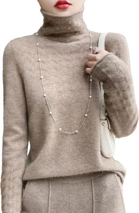 Generic Womens Cashmere Jumper Merino Wool Pullover Winter High Neck Solid Long Sleeve Seamless Hollow Out Knitted Sweater 2468 M