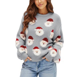 Generic Knitted Christmas Jumpersfor Women Ladies Plus Size Fall Blouse Shirt Oversized Outfits Round Neck Long Sleeve Xmas Snowflake Casual Winter Sweater Ch