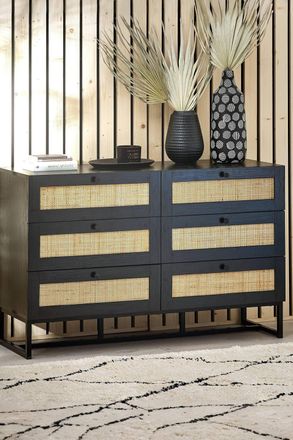 Julian Bowen Padstow Rattan 6 Drawer Wide Chest in Black