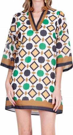 Jade Yoga Split Neck Bell Sleeve Caftan Dress In Geo Border