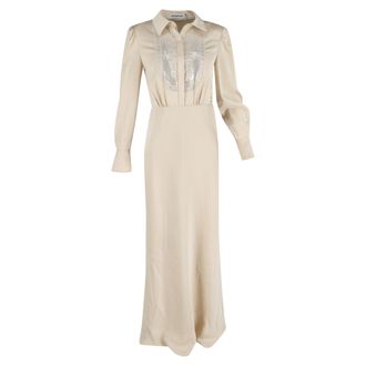 Self Portrait Embroidered-Design Maxi Dress in Cream Satin