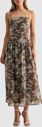 All in Favor Square Neck Floral Tiered Midi Dress in Brown Blue Floral at Nordstrom, Size X-Small