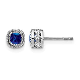 Diamond2Deal 10k White Gold Cushion Sapphire and Diamond Stud Earrings