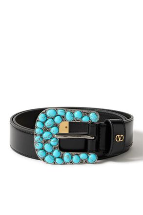 Valentino Garavani 3cm VLogo Signature Embellished Glossed-Leather Belt