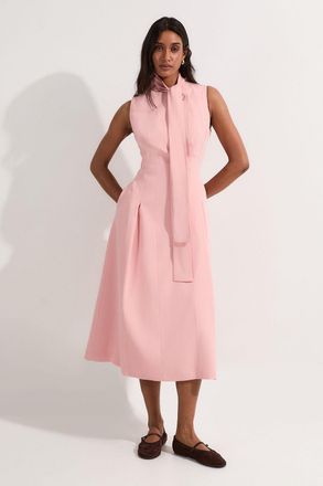 Karen Millen Womens Compact Stretch Viscose Tie Neck Tailored Full Skirted Midi Dress - Pink - Size 16 UK
